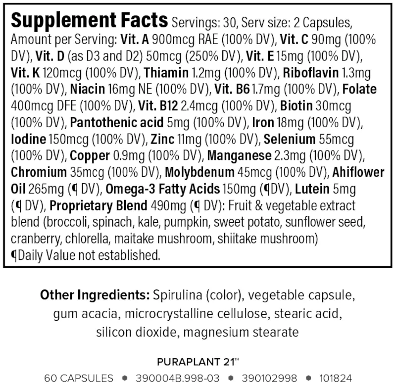 nutrient list for puraplant 21 plant-based whole multivitamins